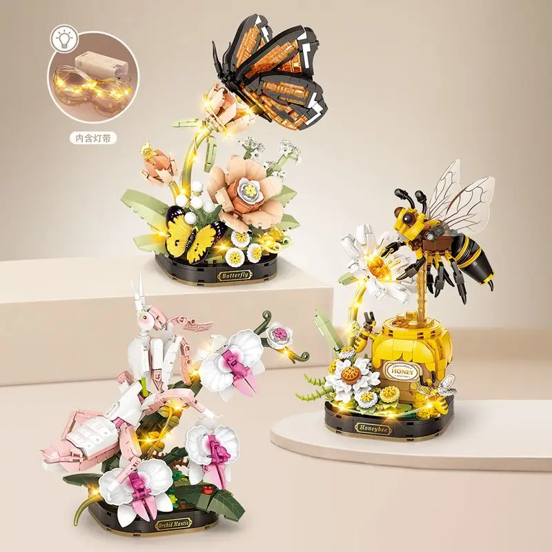 Loz Lighted Insect Set Building Blocks Flowers Diy Decoration Blocks 2025 New Creative Flower Clusters Room Decoration Gifts 2